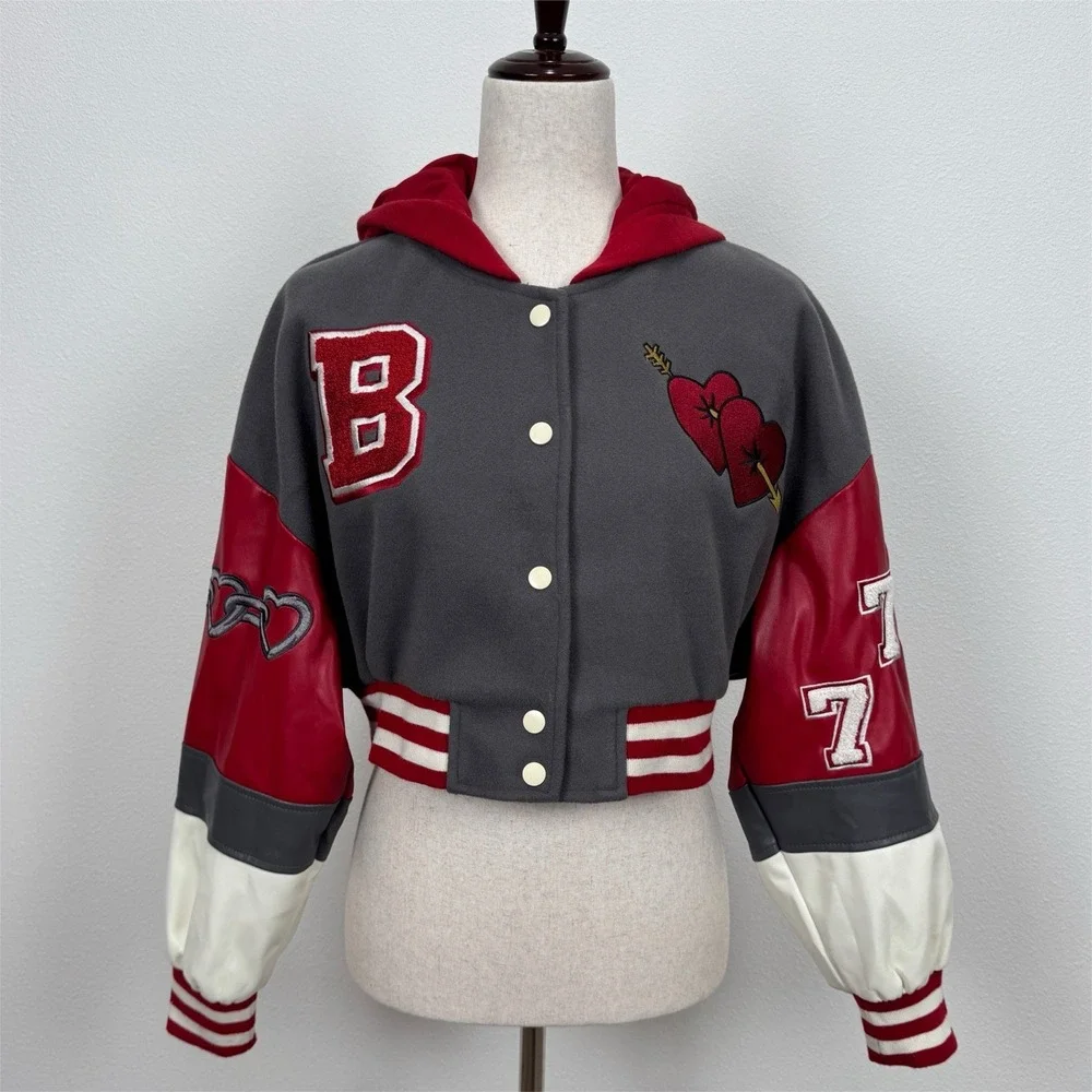 Forever 21 Varsity Jacket Womens Small Red Crop Baby Girl Y2K Bratz Streetwear - Picture 2 of 14